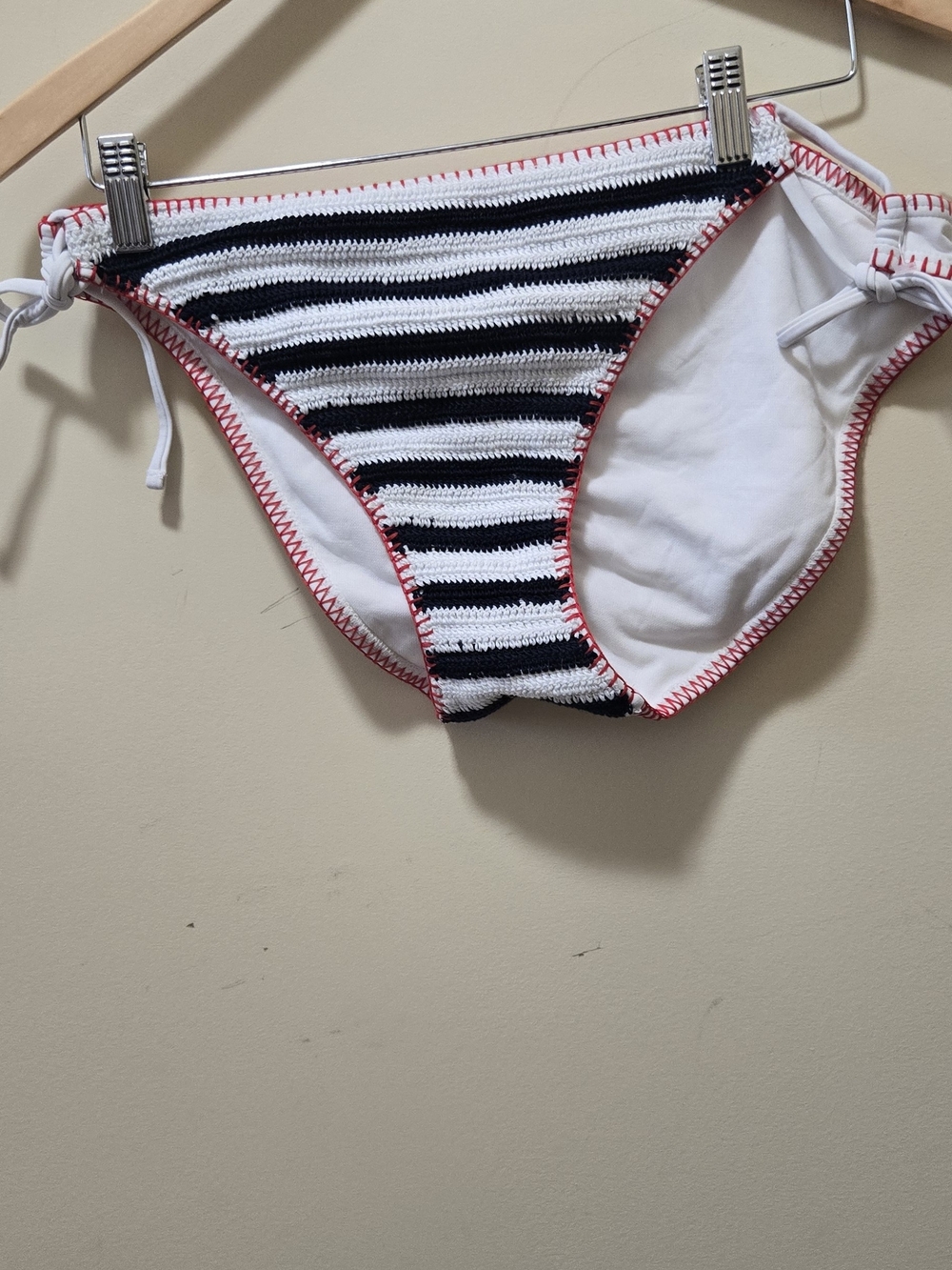 Striped Crochet Low-Rise High-Leg Bikini Bottom White & Black XL